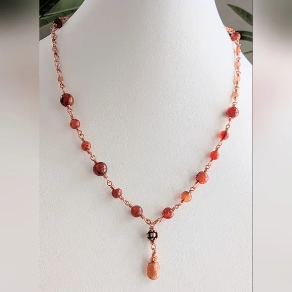Elegant Carnelian Agate Necklace Artisan Crafted Copper Chain - Picture 12 of 15